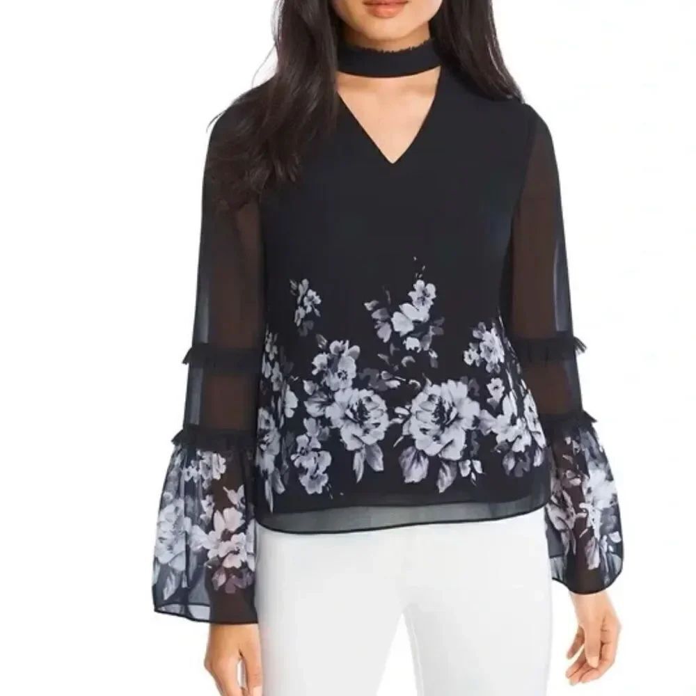 White House Black Market Black and White Floral Choker Blouse
